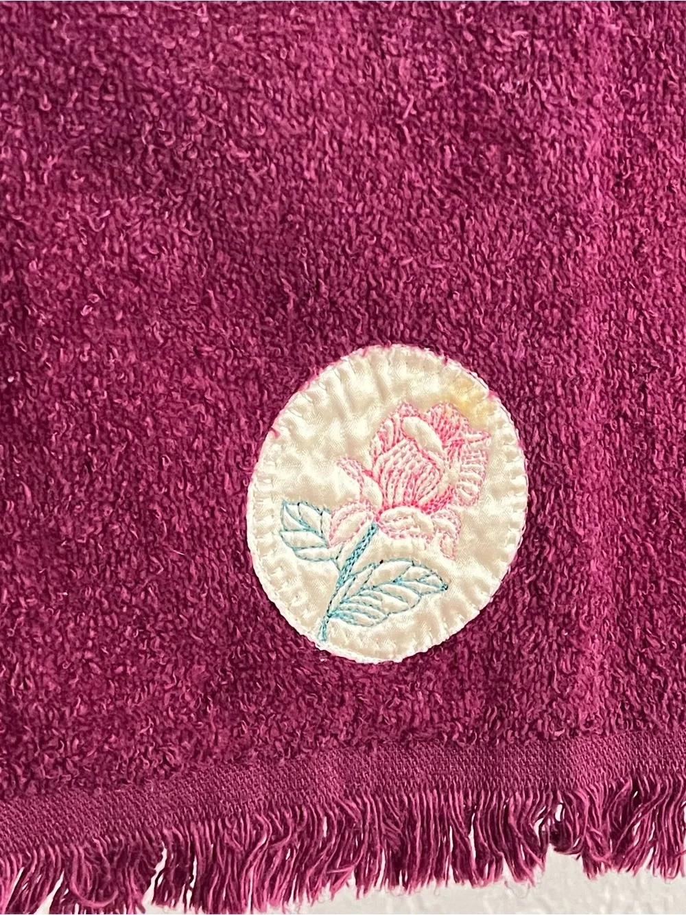 Vintage Cannon Burgundy Rose Embroidered Hand Towel Made USA